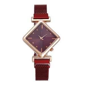 *ADIA* Red x Gold Simple Square Shaped Mesh Fashion Watch